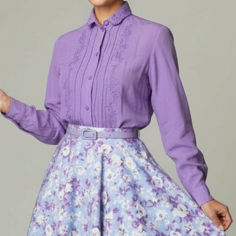 Vtg Peony Womens Silk Blouse Size 34 S Hand Embroidered Light Purple Button Up - Picture 2 of 9
